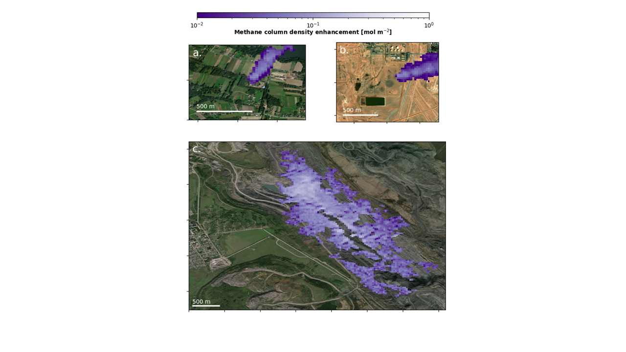 Three different images showing colored methane emissions in purple from coal oil and gas production